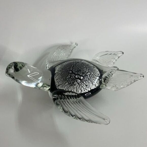 Art Glass Hand Blown Sea Turtle Silver Aventurine Black Clear Glass Ocean Marine
